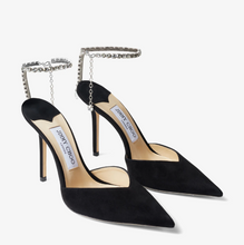 Load image into Gallery viewer, Jimmy Choo Saeda 100 Black Suede Pumps with Crystal Embellishment
